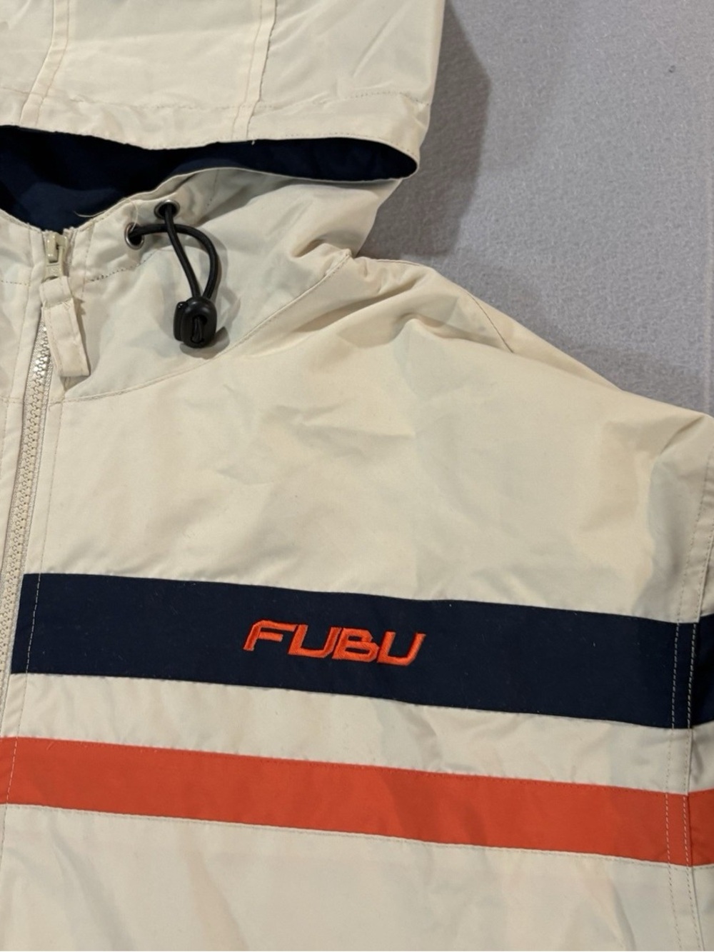Vintage Fubu Track Suit Jacket Sz large 90s Baggy Windbreaker Swishy Cream - Picture 2 of 9